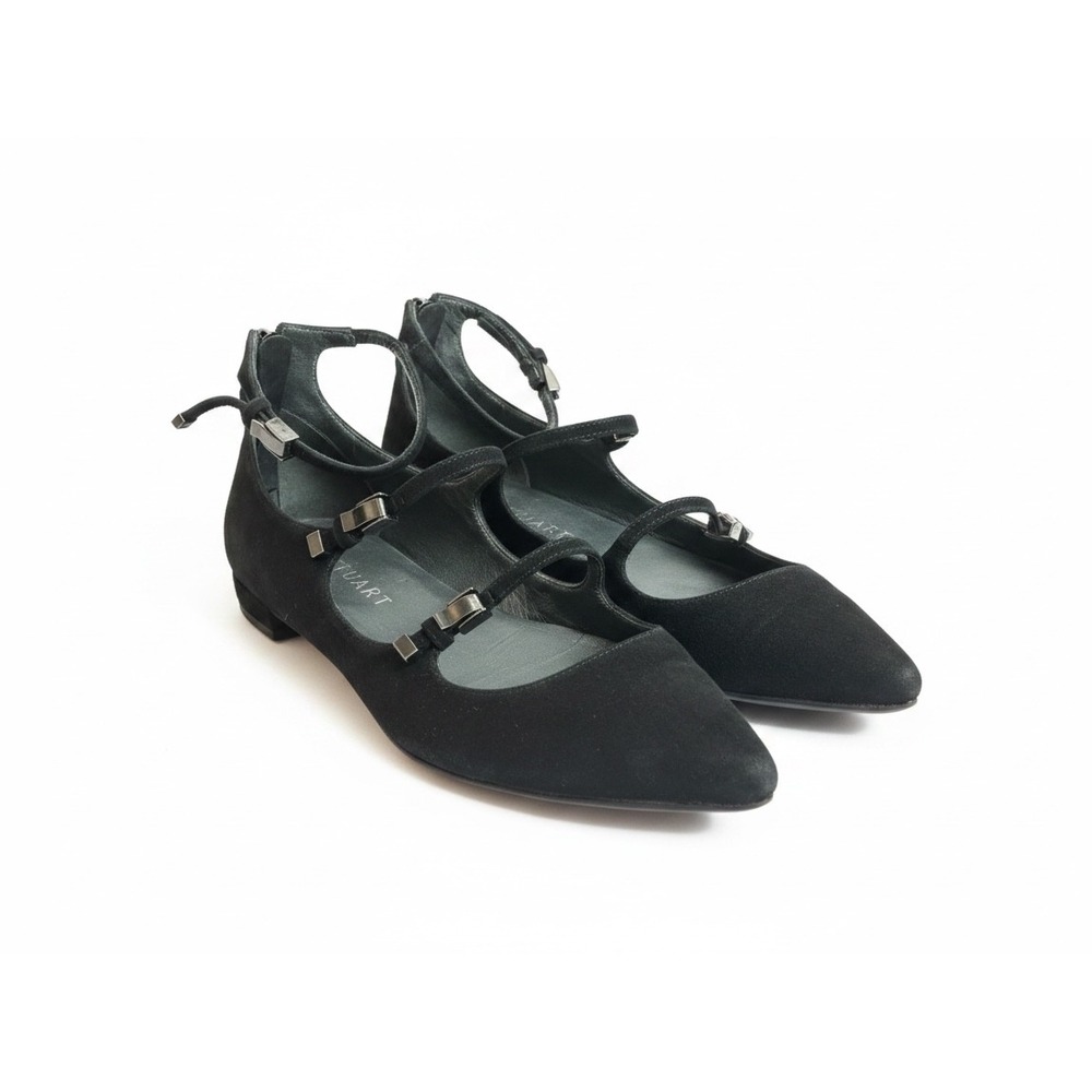 Stuart Weitzman Mary Jane Flats 7.5 Black Suede Pointed Toe Strappy Goth Classic